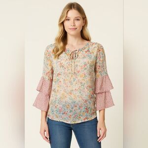 A.N.A Sheer Floral Blouse Size M Double Bell Sleeve Oversized Cottagecore Coquet